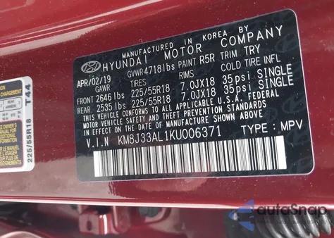 2019 Hyundai Tucson Sel из США, поврежденный, VIN KM8J33AL1KU006371